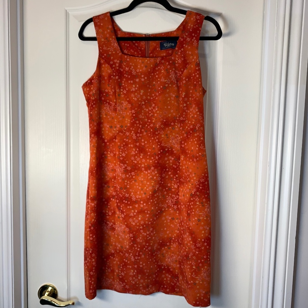 Rico Collection Vintage 90s Y2K Floral Orange Dress Square Neck Sleeveless M